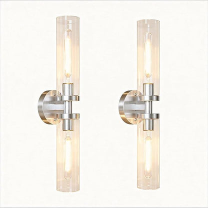 Wall Sconces 2-Pack, Hardwired Bathroom Light Fixtures, Modern Farmhouse Vanity Wall Lighting with Clear Glass Shades, E26 Base Wall Sconce Wall Lights for Bathroom Wall Decor, Brushed Nickel