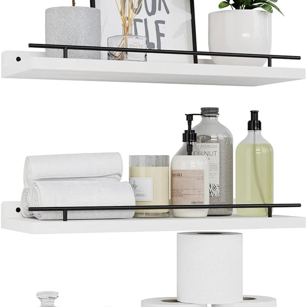 WOPITUES Floating Shelves with Black Metal Guardrail, Shelves for Wall Decor Set of 3, Wall Shelves for Bedroom, Bathroom, Kitchen, Living Room, Plants, Picture Frames, Art- Black and White