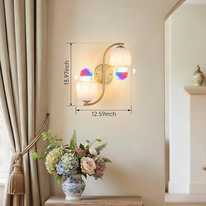 Battery Operated Wall Sconce, 2-Lights Vinatge Brass Wall Lighting Up and Down with White Tulip Shade for Living Room, Bedroom, Symmetrical 2 Pack