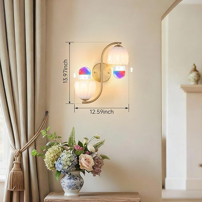 Battery Operated Wall Sconce, 2-Lights Vinatge Brass Wall Lighting Up and Down with White Tulip Shade for Living Room, Bedroom, Symmetrical 2 Pack