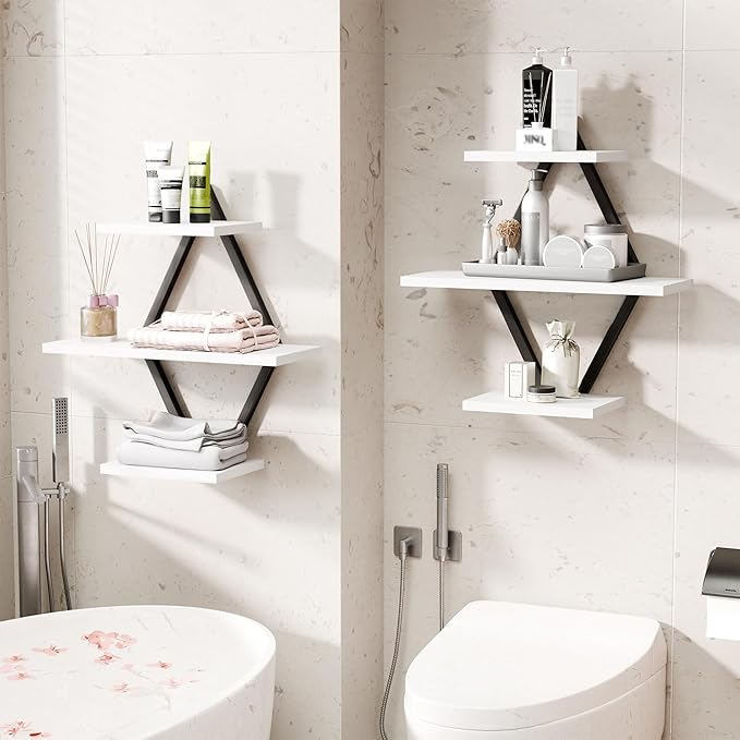 Floating Shelves, Wall Shelf Set of 2, Wall Mounted Shelves, 3-Tier Hanging Wall Shelves for Bathroom, Living Room, Bedroom, Kitchen, Office (White)