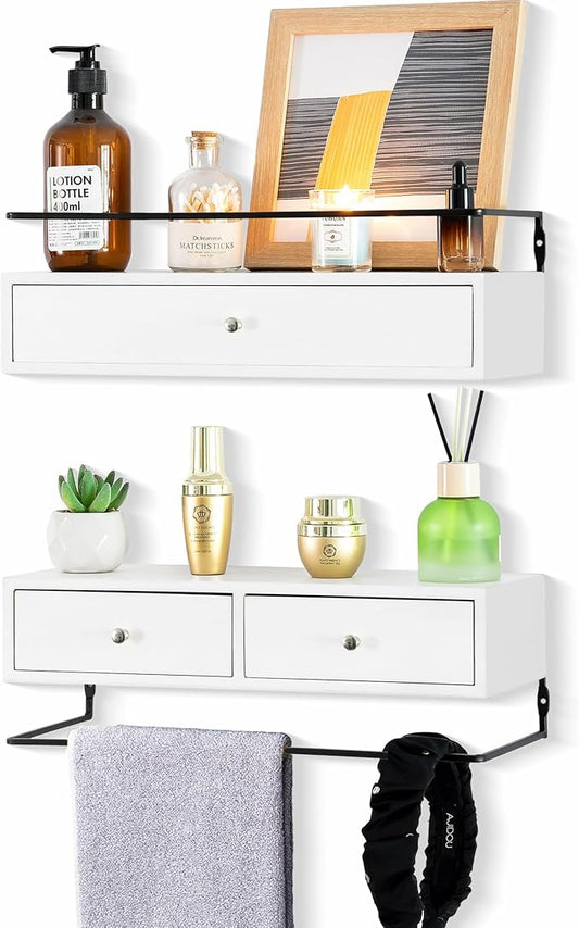 Floating Shelves for Wall Storage - Wall Mounted Bathroom Shelf Set of 2 with Drawers, Rustic Wood Shelves for Bedroom, Living Room, Kitchen, Home Decor, Plants, Books