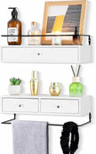 Floating Shelves for Wall Storage - Wall Mounted Bathroom Shelf Set of 2 with Drawers, Rustic Wood Shelves for Bedroom, Living Room, Kitchen, Home Decor, Plants, Books