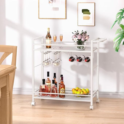 Bar Cart,Home Bar Serving Cart with Storage Shelves, 2 Tier Rolling Beverage Cart with Wheels, Modern Wine Cart with Wine Rack and Glass Holder for Kitchen, Living Room,Dinning Room,White