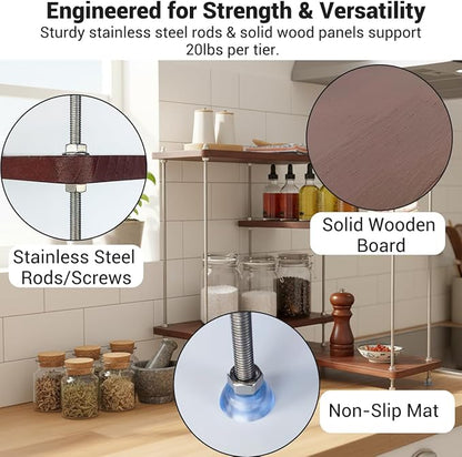 VINIUSIKI DIY Hight-Adjustable 4 Tier L-Shaped Countertop Shelf Organizer, Kitchen Spice Rack for Countertop, Wood Coffee Counter Shelf Organizer for Home - 15.7"x15.7"x16.14" (LxWxH)