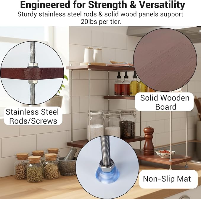 VINIUSIKI DIY Hight-Adjustable 4 Tier L-Shaped Countertop Shelf Organizer, Kitchen Spice Rack for Countertop, Wood Coffee Counter Shelf Organizer for Home - 15.7
