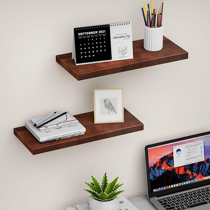Floating Shelves (Set of 2) – Wall Mounted Shelves for Home Décor and Storage, Natural Pine Wood, Suitable for Living Room and Bedroom (Brown, 15.7