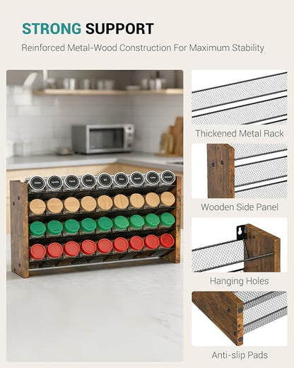 NESAPTO Spice Rack Organizer for Cabinet, Wooden 4 Tier Vertical Seasoning Organizers for Kitchen Pantry, Countertop/Wall Mount, Holds 36 Spice Jars (No Jars Included), 17.2" W × 9.4" H