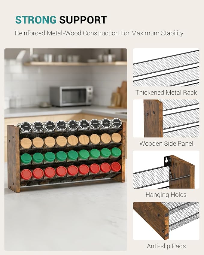 NESAPTO Spice Rack Organizer for Cabinet, Wooden 4 Tier Vertical Seasoning Organizers for Kitchen Pantry, Countertop/Wall Mount, Holds 36 Spice Jars (No Jars Included), 17.2
