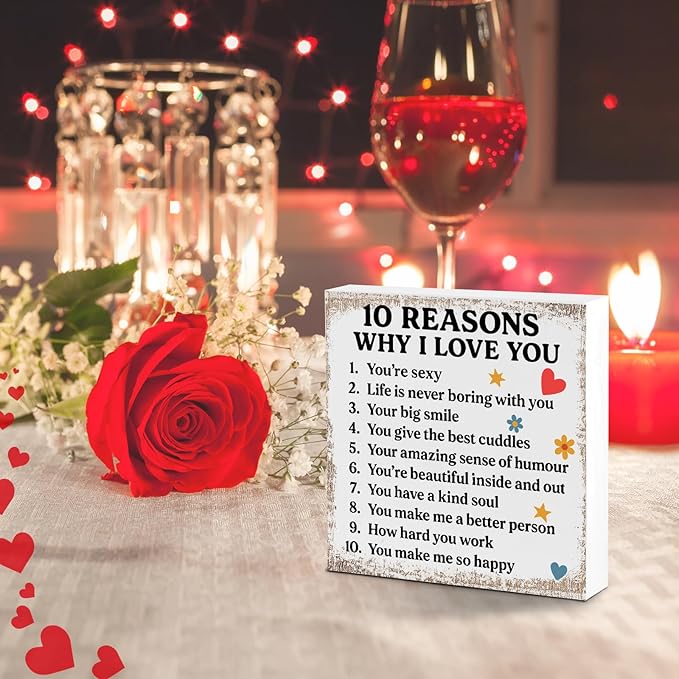 Valentines Desk Decor, Valentine's Day Home Office Table Sign for Wife Daughter from Dad Husband, Valentine Gifts Decorations for Porch Tiered Tray Shelf Party, 10 Reasons Why I Love You