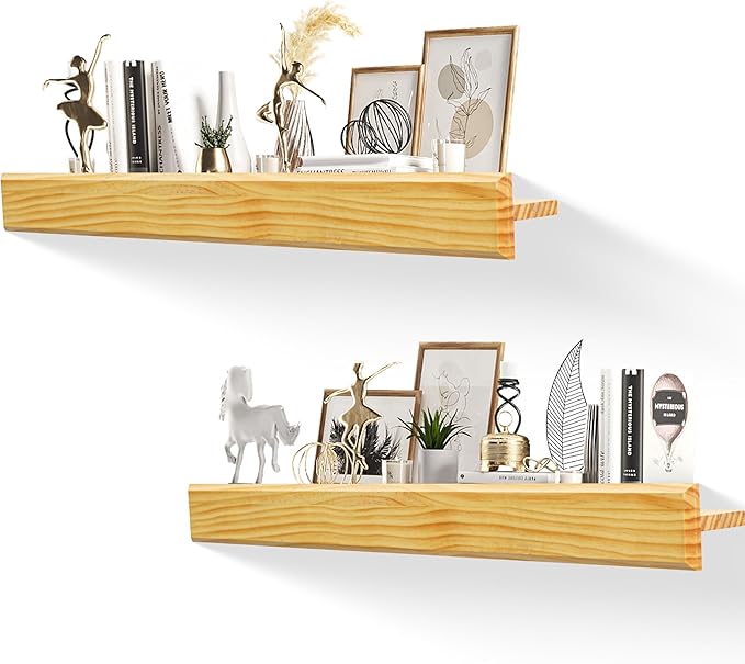 32 Inch Picture Ledge Shelf with Lip,Floating Shelves for Wall, Set of 2 Solid Pine Wood Shelves with Invisible Brackets, Wall Storage for Living Room, Bedroom, Kitchen, Bathroom(Nature Wood)