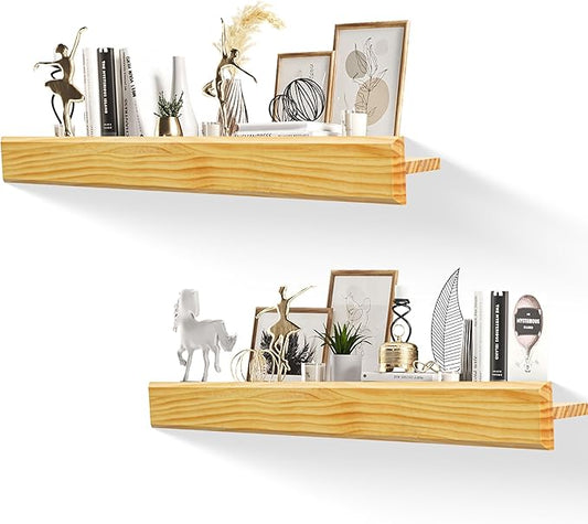 32 Inch Picture Ledge Shelf with Lip,Floating Shelves for Wall, Set of 2 Solid Pine Wood Shelves with Invisible Brackets, Wall Storage for Living Room, Bedroom, Kitchen, Bathroom(Nature Wood)