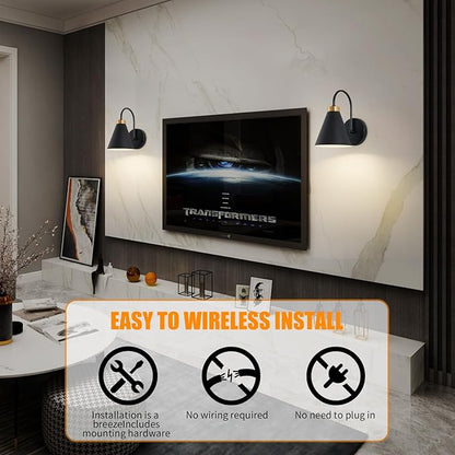 Vintage Cordless Gooseneck Battery Operated Wall Sconces Set of 2, Black Bedside Battery Powered Wall Decor Lamps with Remote Control, Wireless Indoor LED Lights Fixture for Bedroom Hallway