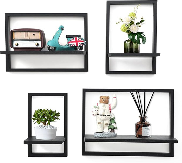 PHOENANCEE Square Floating Shelves,Framed Wall Shelf Decorative Set of 4,Modern Plants Hanging Display Art Decor Storage for Livingroom Bedroom Bathroom Farmhouse,Home Light Wood,Rustic Black