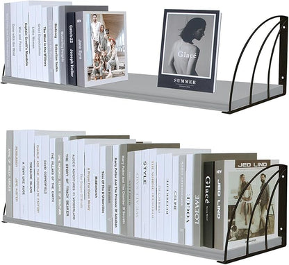 Pine Wood Grey Floating Shelf with Elegant Lines, Bookshelf Set of 2, 31.5x7.87 Inch