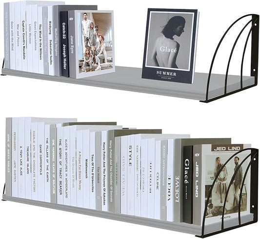 Pine Wood Grey Floating Shelf with Elegant Lines, Bookshelf Set of 2, 31.5x7.87 Inch