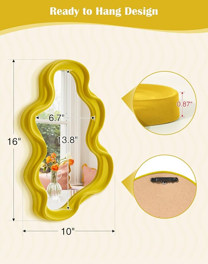 Wavy Wall Mirror Decor for Girly Bedroom Classroom, 16x10 Small Cute Abstract Decorative Mirrors Art Above Dresser Desk Table Decor, Funky Modern Apartment Nursery Room Decoration (Yellow)