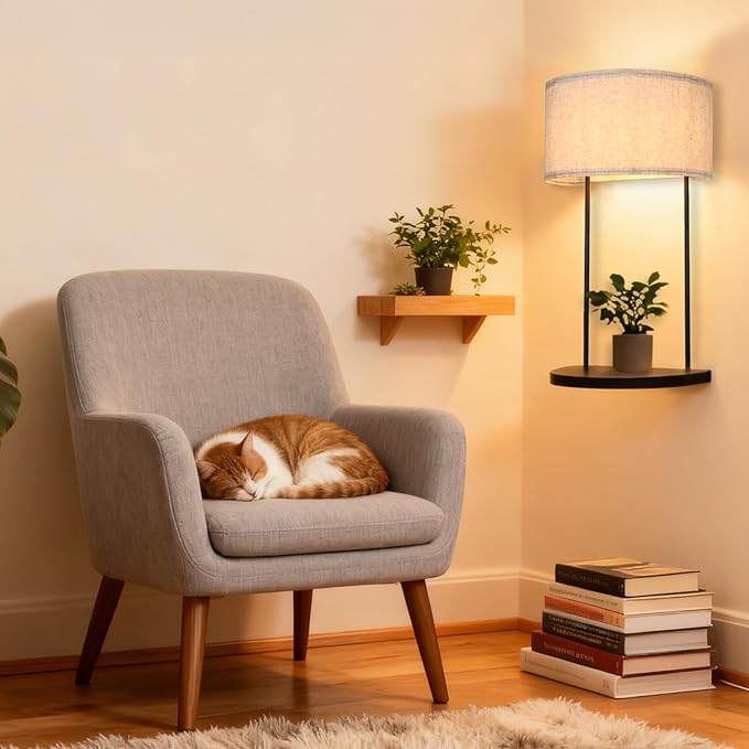 Wireless Wall Sconce with 5000 mAh Rechargeable Magnetic RGB Bulb & Remote Control, Battery Operated Metal Wall Light with Shelf for Bedroom Bedside Table or Living Room Decor