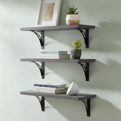Reinforced Steel Bracket Grey Bathroom Shelves - Easy to Install, Template and Video Included - Gray Shelves for Wall, Grey Shelf
