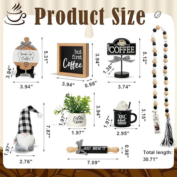 Cute Farmhouse Coffee Bar Decor Set for Tiered Tray, Rustic Black White Coffee Decorations with Gnome, Bead Garland & Rolling Pin, Coffee Bar Accessories for Kitchen Counter