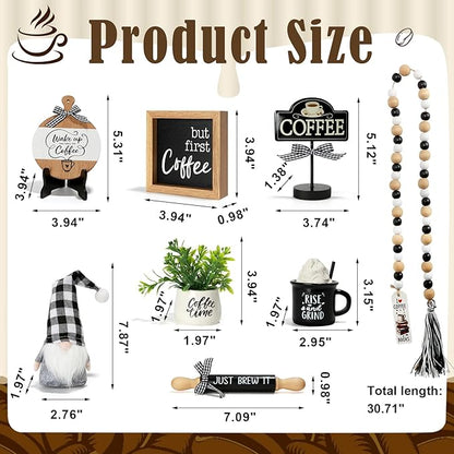 Cute Farmhouse Coffee Bar Decor Set for Tiered Tray, Rustic Black White Coffee Decorations with Gnome, Bead Garland & Rolling Pin, Coffee Bar Accessories for Kitchen Counter