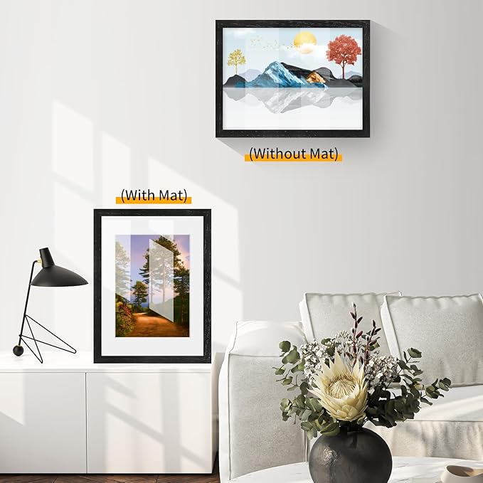 puthiac 9x12 Solid Oak Wood Picture Frame, Fits 6x8 with Mat or 9x12 Without Mat, Wall or Tabletop Display with Stand, Vertical or Horizontal, Plexi Front, 3 Pack, Black