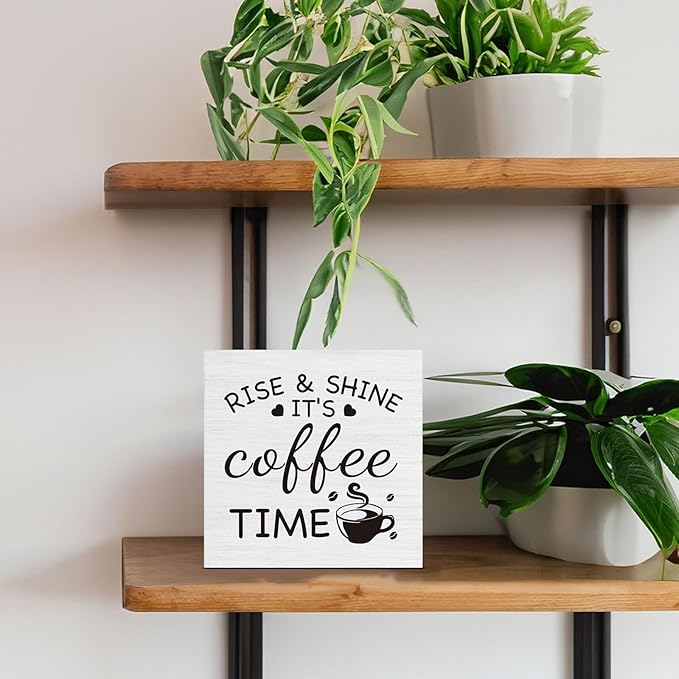 Farmhouse Coffee Bar Decor Sign, It's Coffee Time Wood Block Sign for Home Kitchen Bar Tabletop Decoration 5 x 5 Inches
