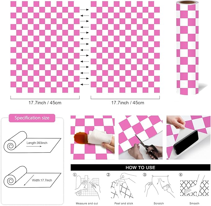 Modern Peel and Stick Wallpaper Pink and White Mosaic Checkered Contact Paper 17.7