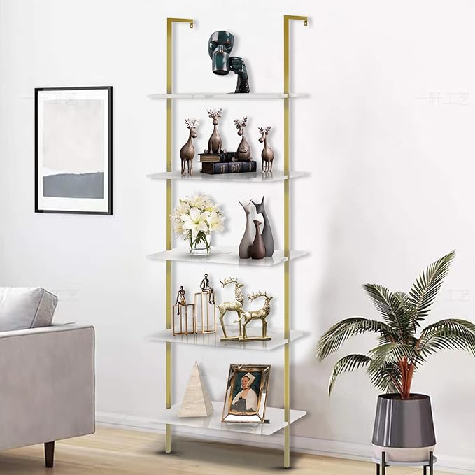 aboxoo Ladder Shelf White Marble Bookshelf 5-Tier Wall-Mounted Wood Rack Industrial Modern Plant Flower Stand Utility Organizer Open Bookcase Metal Frame Furniture Office Kitchen Bedroom