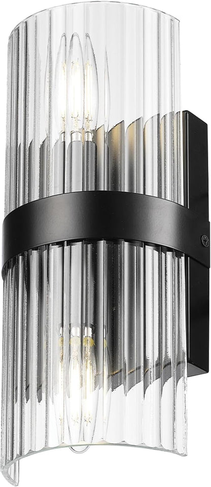 GLOBE Electric 65000050 2-Light Wall Sconce, Matte Black, Ribbed Glass Shade, E12 Base Sockets, Lights for Living Room, Home Decor, Lighting, Mounted Bedside Lamp