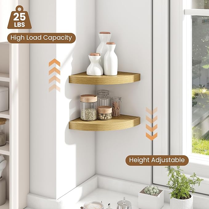 Fun Memories Floating Corner Shelves Set of 2 - Rustic Wood Wall Mounted Storage and Display Shelves for Living Room, Bedroom, Kitchen, Bathroom - Space Saving Home Decor, Oak