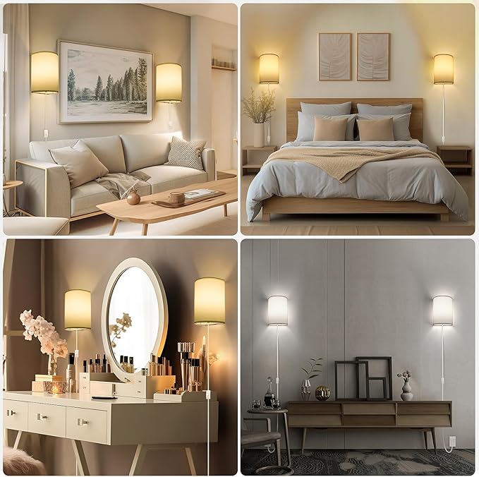 Plug in Wall Sconce, 3 Color, Set of Two, Industrial Wall Lamp with Plug in Cord, Rustic Fixture, On/Off Switch Vintage Wall Light Fixture for Headboard Bedroom Porch (White)