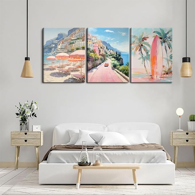 Pink Beach Wall Art Set of 3, Preppy Coastal Wall Decor Paintings, Italy Amalfi Coast Poster Canvas Prints, Beachy Surf Pictures Aesthetic for Teen Girls Bedroom Living Room Dorm 16x24 inch Framed