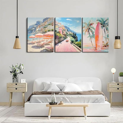 Pink Beach Wall Art Set of 3, Preppy Coastal Wall Decor Paintings, Italy Amalfi Coast Poster Canvas Prints, Beachy Surf Pictures Aesthetic for Teen Girls Bedroom Living Room Dorm 16x24 inch Framed