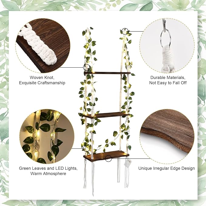 Novabright 3-Tier Boho Wall Hanging Shelves with LED Lights and Green Leaves, Irregular Edge, Floating Wall Shelf for Bedroom Art, Wooden Hanging Floating Storage Shelves Room Decor