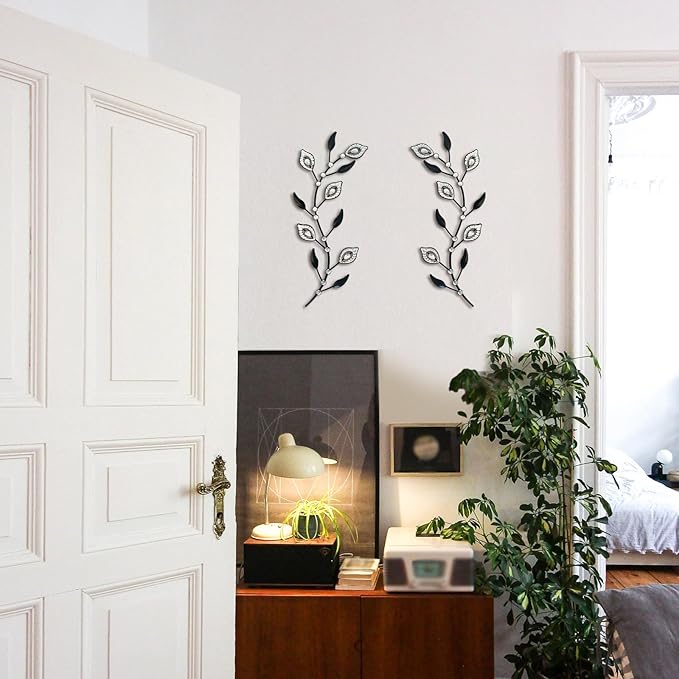 sxnzequnze 2 Pcs Metal Leaf Wall Art Crystal Bling Decorations Silver Leaves 3D Iron Handmade Home Decor Hanging Minimalist Accents Modern Set for Living Room Bathroom Bedroom Dining Room Hallway
