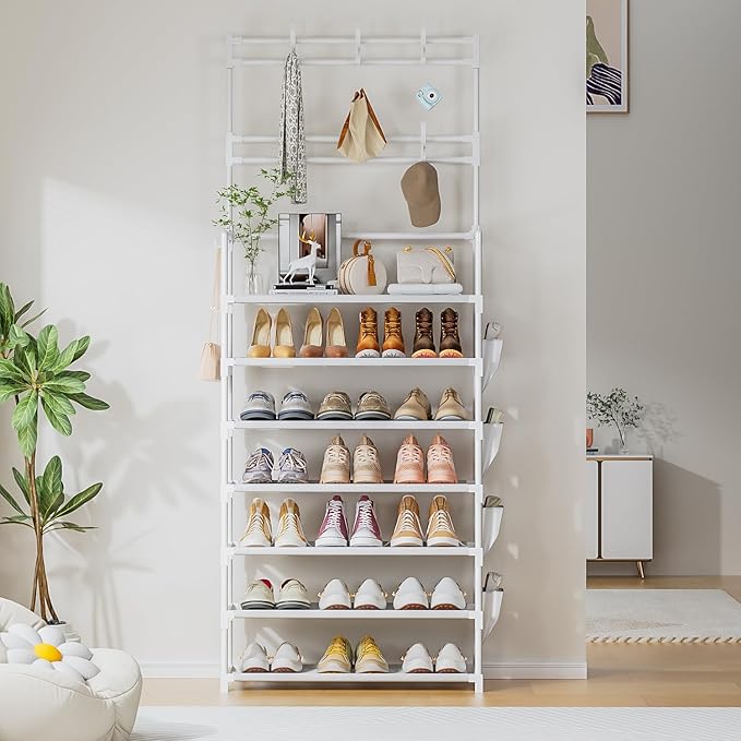 Shoe Rack 7 Tier Shoe Organizer Storage 21-28 Pairs Closet Shoes Rack for Front Door Entrance Shoe Rack Organizer with Hooks Side Pocket Entryway Large Capacity Shoe Shelf Tower Garage