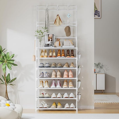 Shoe Rack 7 Tier Shoe Organizer Storage 21-28 Pairs Closet Shoes Rack for Front Door Entrance Shoe Rack Organizer with Hooks Side Pocket Entryway Large Capacity Shoe Shelf Tower Garage