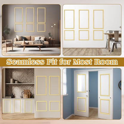 3 Set Gold White Peel and Stick Wall Molding Kit 6 Frame Premade Wainscoting Accent Panel Ready to Assemble 3D Wall Panels Trim for Interior Mirror Home Molding Decor, 54 x 24 Inch