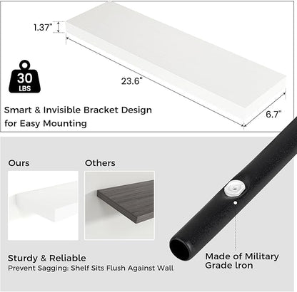 Floating Shelves for Wall 24"W x 6.7"D x 1.37"H, Engineered Wood Wall Shelves with Invisible Brackets for Living Room Bedroom Bathroom Office Kitchen Decor and Storage, White Finish, Set of 2