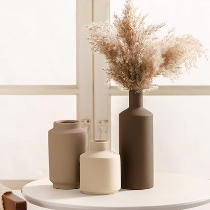 Ceramic Vase Set of 3 Terracotta Brown Beige, Modern Small Flower Vases for Home Decor, Boho Farmhouse Rustic Decorative Vases for Living Room Table Shelf Kitchen Bedroom Centerpieces