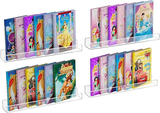 NIUBEE 24" Premium Acrylic Floating Nursery Kids Bookshelf Wall Ledge Shelf, Clear Invisible Spice Rack Bathroom Storage Shelves Display Organizer, 50% Thicker with Screwdriver, Set of 4
