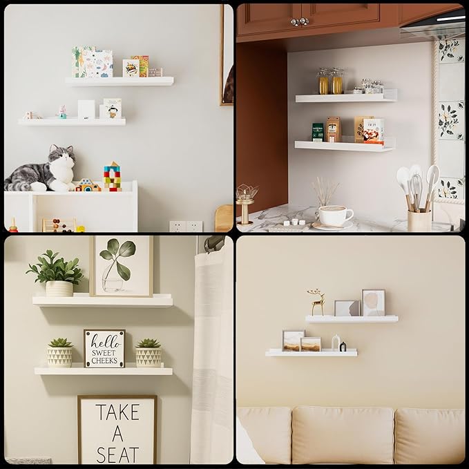 16inch Floating Picture Ledge Shelves 2-Pack, White Wall Mounted Shelves with Lip for Nursery, Kids Room, Living Room & Bedroom, Sturdy Floating Book Shelves for Photo Frames & Decor