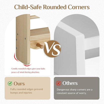 Large Nursery Bookshelf for Wall: 23.6inch 2-Tier Floating Book Shelves for Kids Toddlers Bedroom Solid Pine Wood Storage Organizer with Ledge Hooks Bar (Natural)