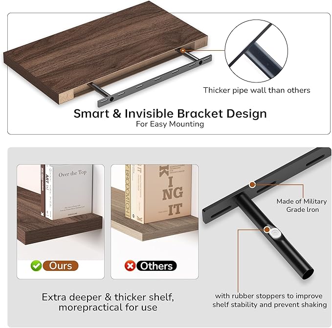 Fun Memories Floating Shelves - 2 Pack 12 Inch Deep Rustic Wooden Wall Shelves - Extra Deeper & Thicker Wall Mounted Storage Shelf for Living Room, Kitchen, Farmhouse - 24