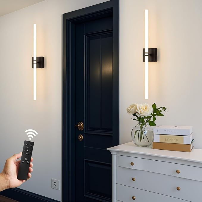 Battery Operated Wall Sconce 1Pack, Black Rechargeable Wall Lights with Dimmable Remote Control, 30 Inch 3000K-6000K LED Wireless Wall Lamps for Bedroom, Hallway, Background Wall