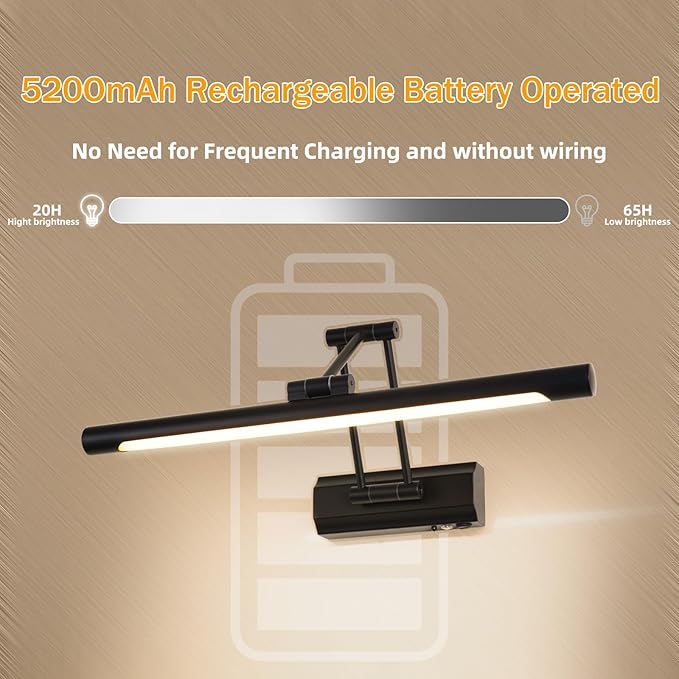 17"Battery Operated Picture Light, 5200mAh Rechargeable Wall Light for Paintings, 3-Color & Dimmable LED Art Light with 270° Rotate Arm, Cordless Frame Lighting for Gallery, Living Room, Black