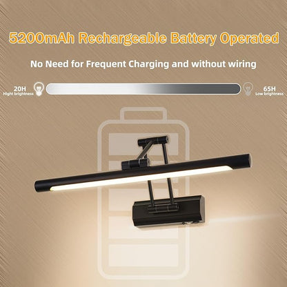 17"Battery Operated Picture Light, 5200mAh Rechargeable Wall Light for Paintings, 3-Color & Dimmable LED Art Light with 270° Rotate Arm, Cordless Frame Lighting for Gallery, Living Room, Black