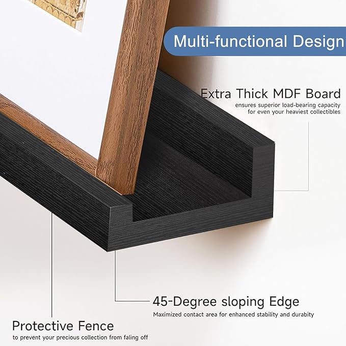 24inch Floating Picture Ledge Shelves 2-Pack, Black Wall Mounted Shelves with Lip for Nursery, Kids Room, Living Room & Bedroom, Sturdy Floating Book Shelves for Photo Frames & Decor