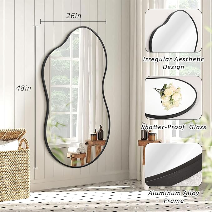 JJUUYOU Irregular Wall Mirror Black Metal Framed Decorative Asymmetrical Bathroom Mirrors Large 26"x47" for Living Room Bedroom Entryway Hanging Home Decor
